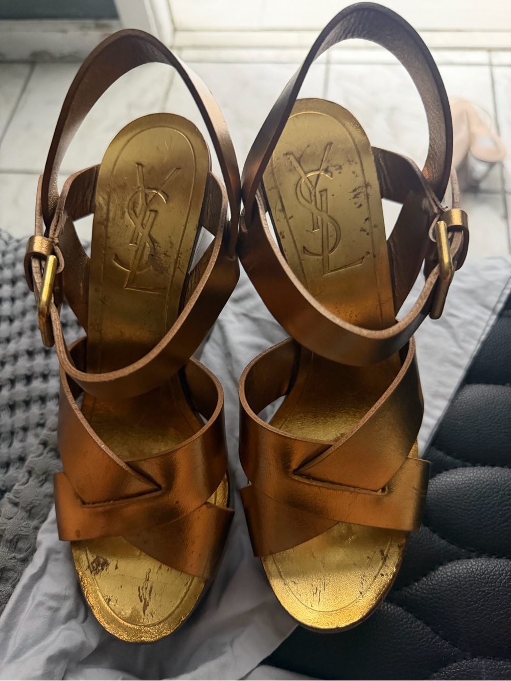 Saint Laurent Bronze Metallic Leather Cross-Strap Slingback Heels